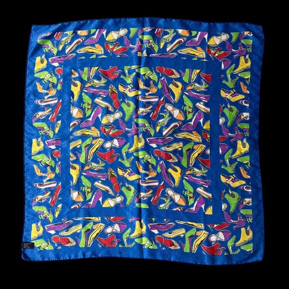 Vintage Scarf Blue Rainbow 1980s High Heel Shoes Korea Polyester Kitschy Retro - Picture 3 of 9